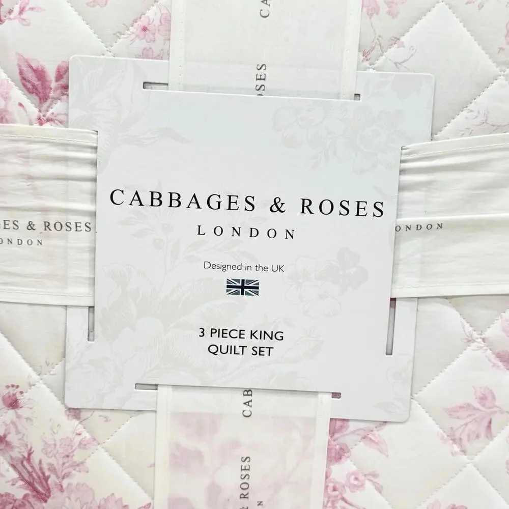Cabbages & Roses Alderney Pink Floral Toile KING Quilt Bedding 3pc Set Raspberry